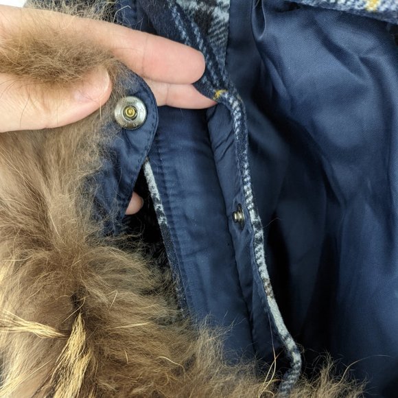 ELAND Navy Plaid Peacoat with Fur Hood Sz S - Picture 7 of 9